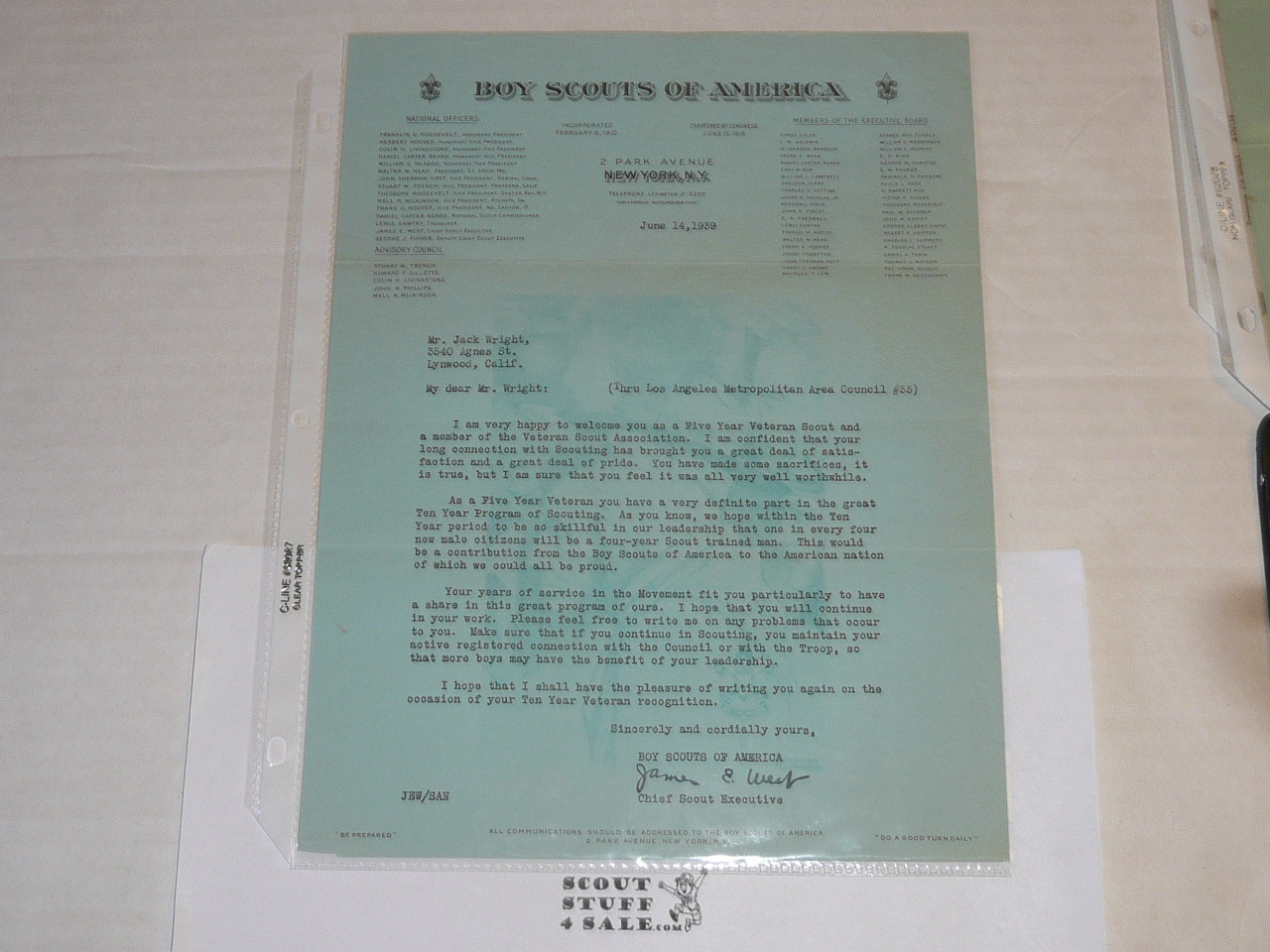 1939 Letter on Boy Scout National Headquarters Stationary From James West Congratulating 5 year veteran