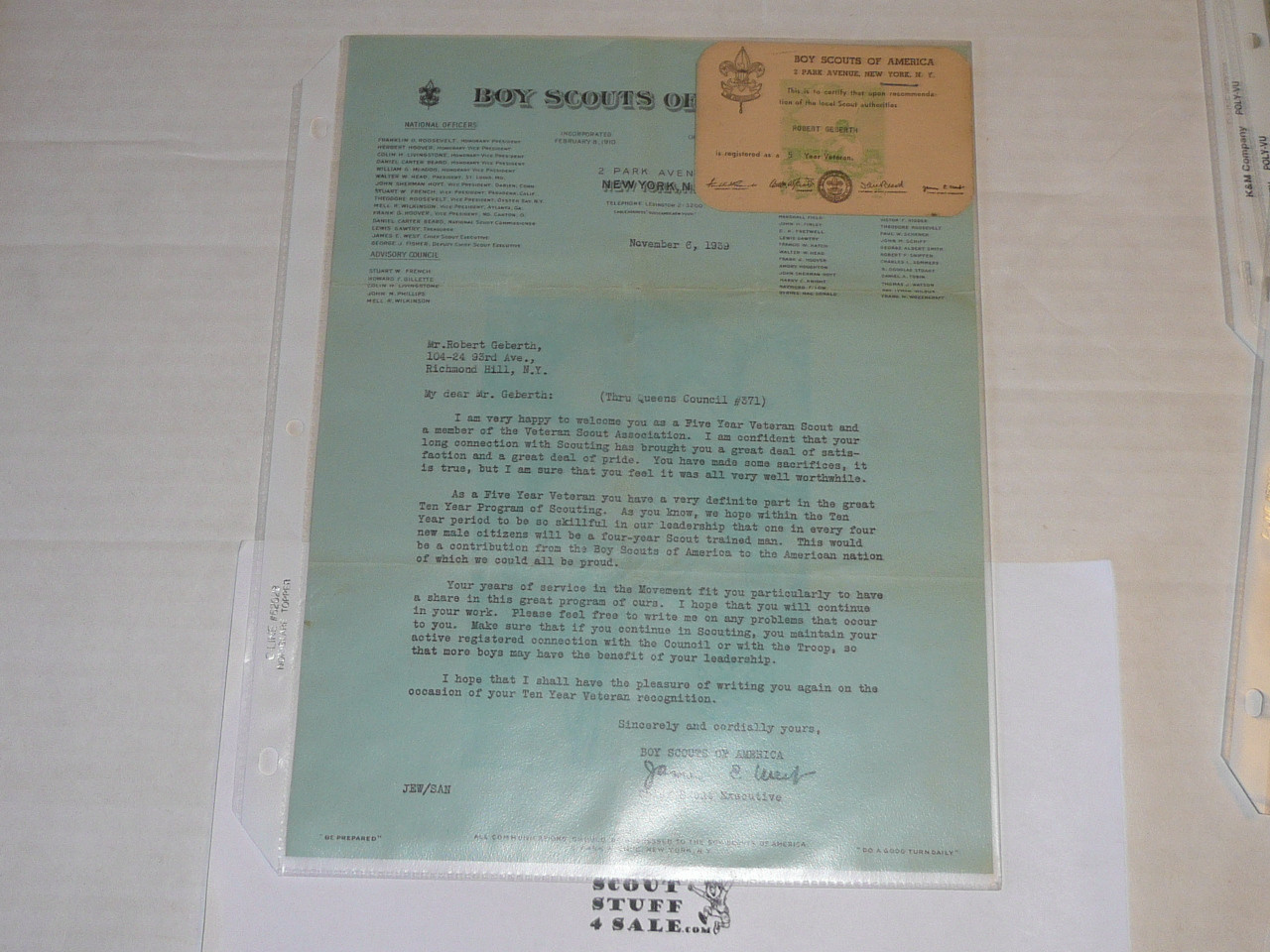 1939 Letter on Boy Scout National Headquarters Stationary From James West Congratulating 5 year veteran #2