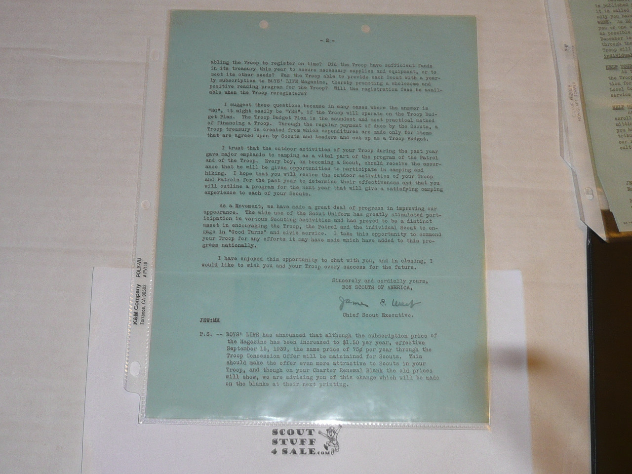 1939 Letter on Boy Scout National Headquarters Stationary From James West regarding rechartering, 2 pages