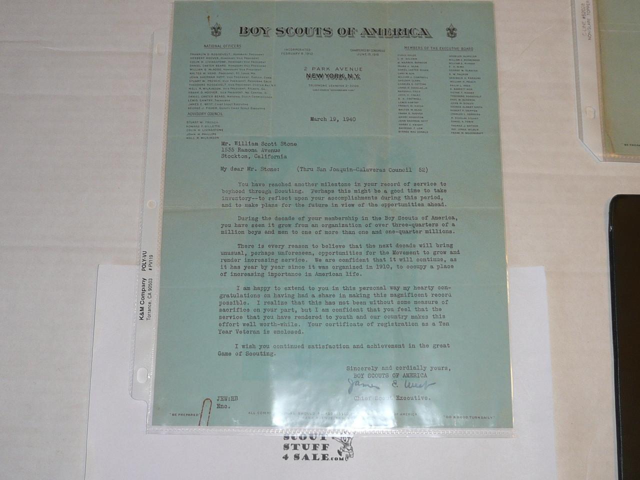 1940 Letter on Boy Scout National Headquarters Stationary From James West to a Scouter