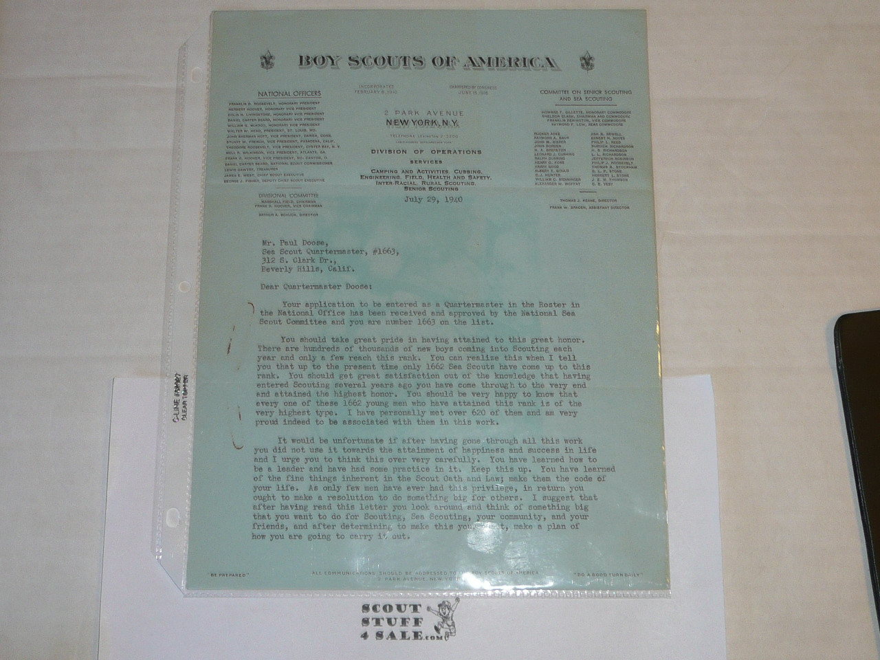 1940 Letter on Boy Scout National Headquarters Stationary (Operations Div) from Thomas Keene as Director of Senior Scouting to Quartermaster, Original Signature