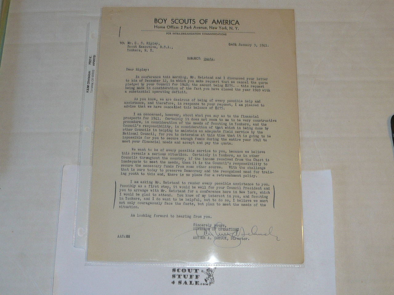 1941 Memo from Arthur Schuck on Official Inter-office memo letterhead, Original Signature