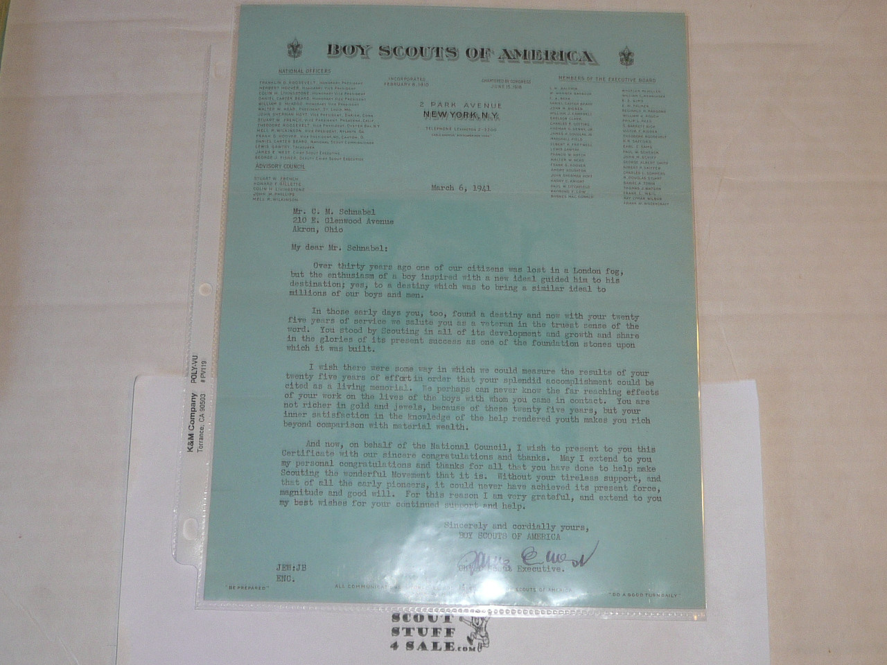 1941 Letter on Boy Scout National Headquarters Stationary From James West to a Scouter