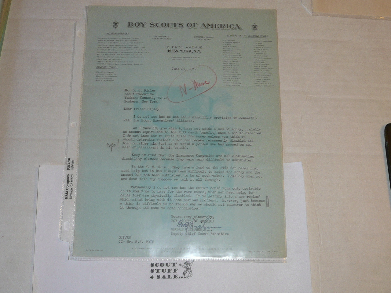 1942 Letter on Boy Scout National Headquarters Stationary From George Fischer to Scout Executive, original Signature