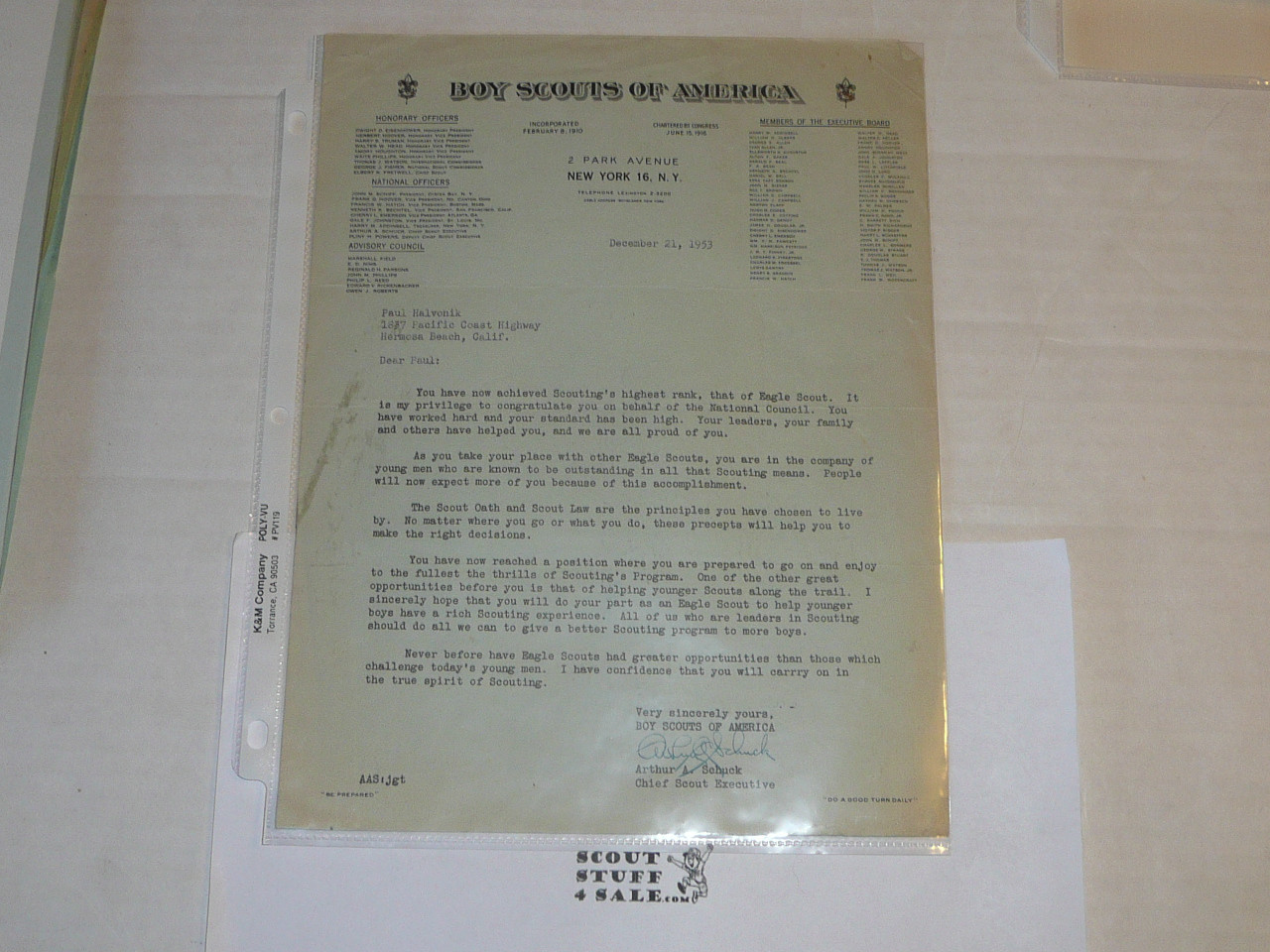 1953 Letter on Boy Scout National Headquarters Stationary from Arthur Schuck Congratulating Eagle Scout