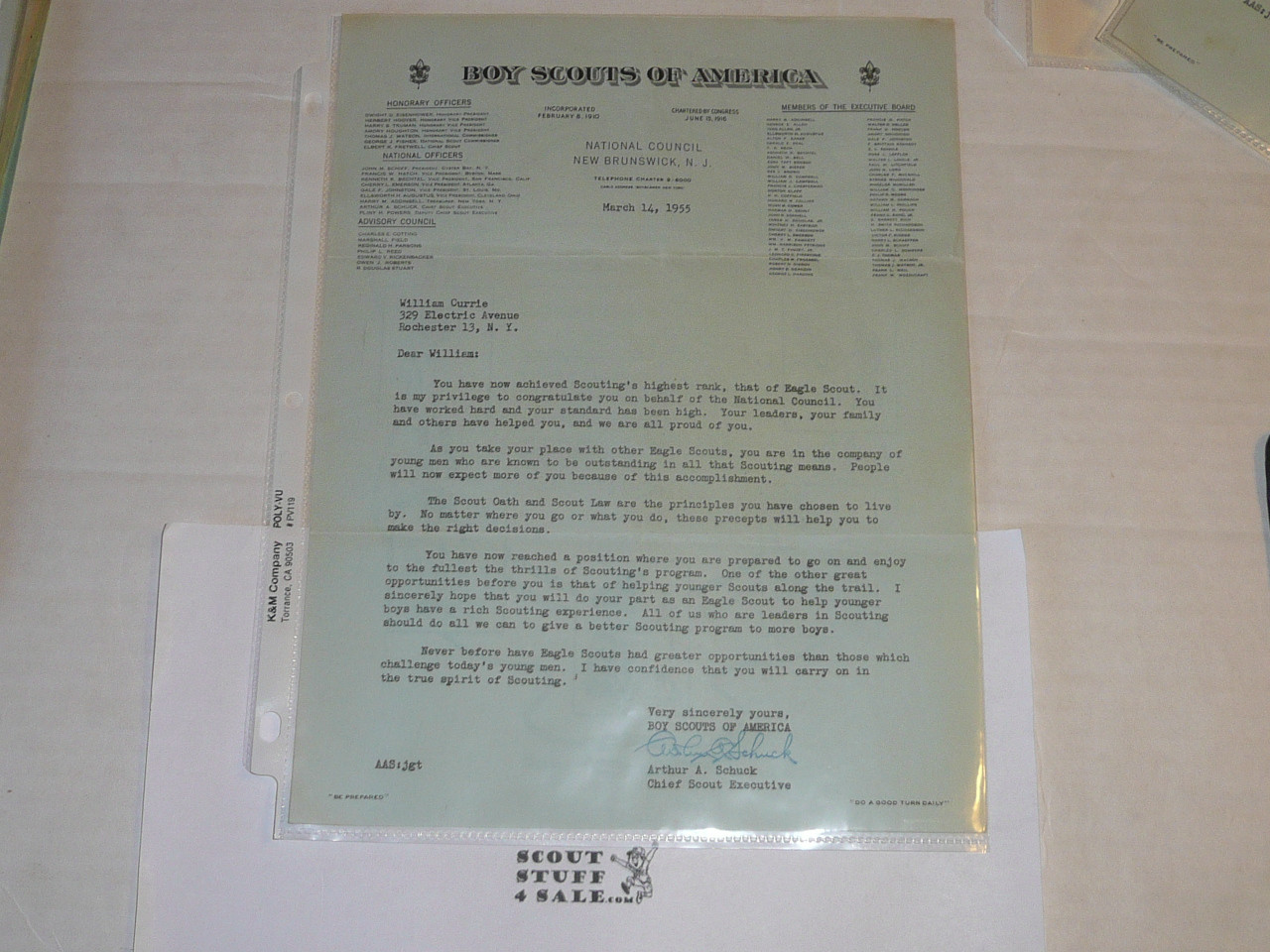 1955 Letter on Boy Scout National Headquarters Stationary from Arthur Schuck Congratulating Eagle Scout