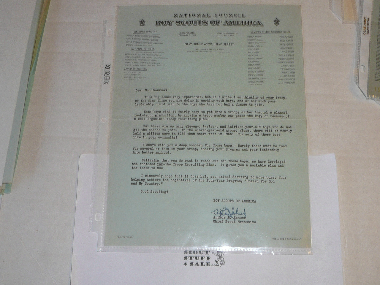 1957 undated Letter on Boy Scout National Headquarters Stationary from Arthur Schuck