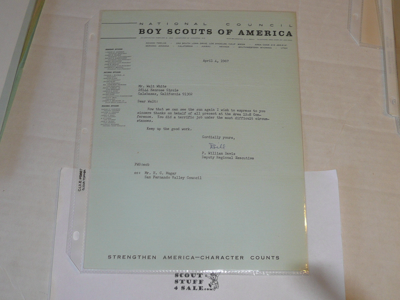 1967 Letter on Boy Scout National Headquarters Stationary Region 12