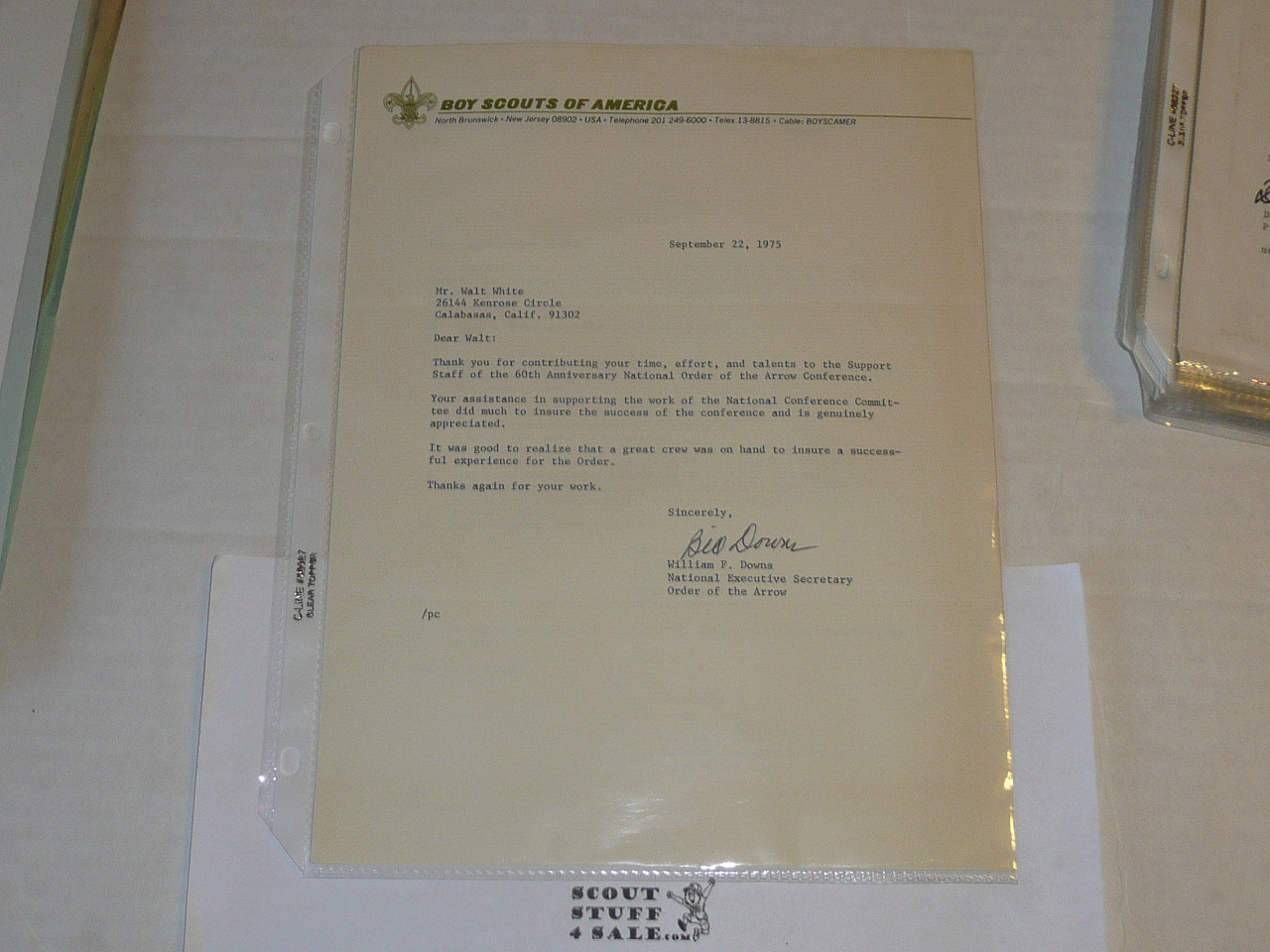 1975 Letter on Boy Scout National Headquarters Stationary from Bill Downs, Original Signature