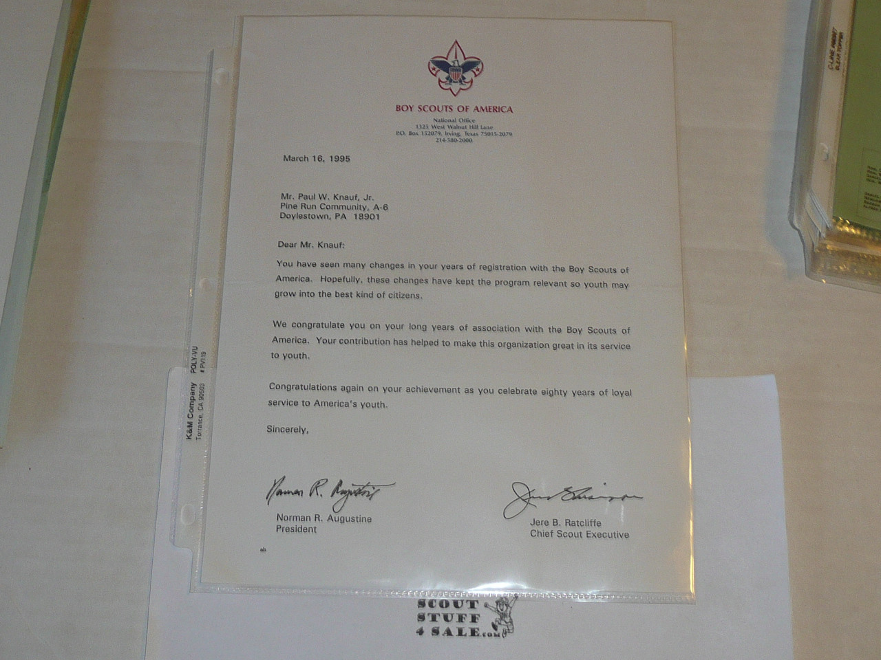 1995 Letter on Boy Scout National Headquarters Stationary Congratulating Long Term Veteran Paul Knauf of Unami Lodge