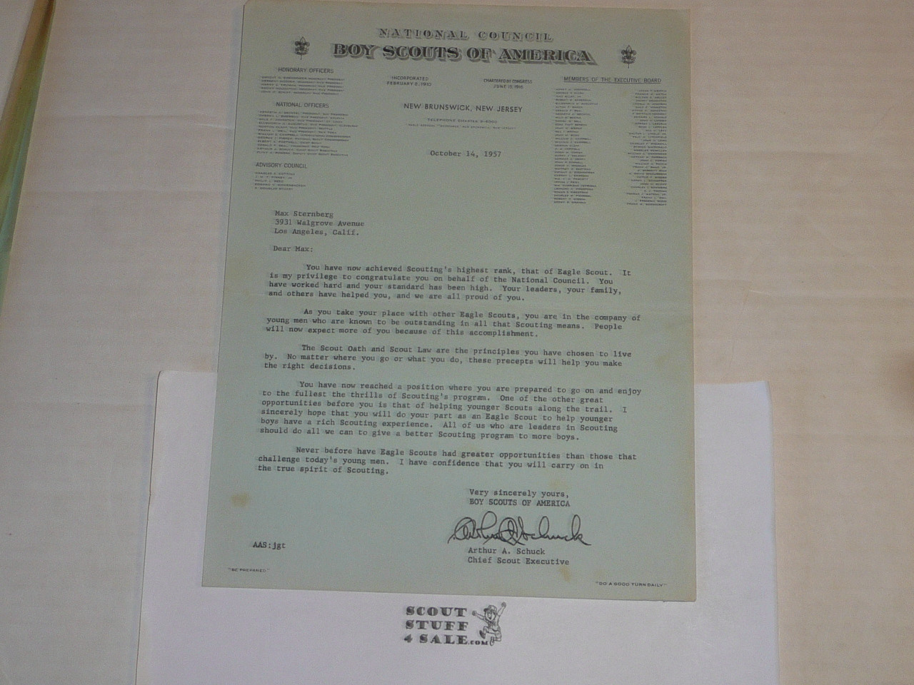 1937 Letter on Boy Scout National Headquarters Stationary from Arthur Schuck Congratulating Eagle Scout