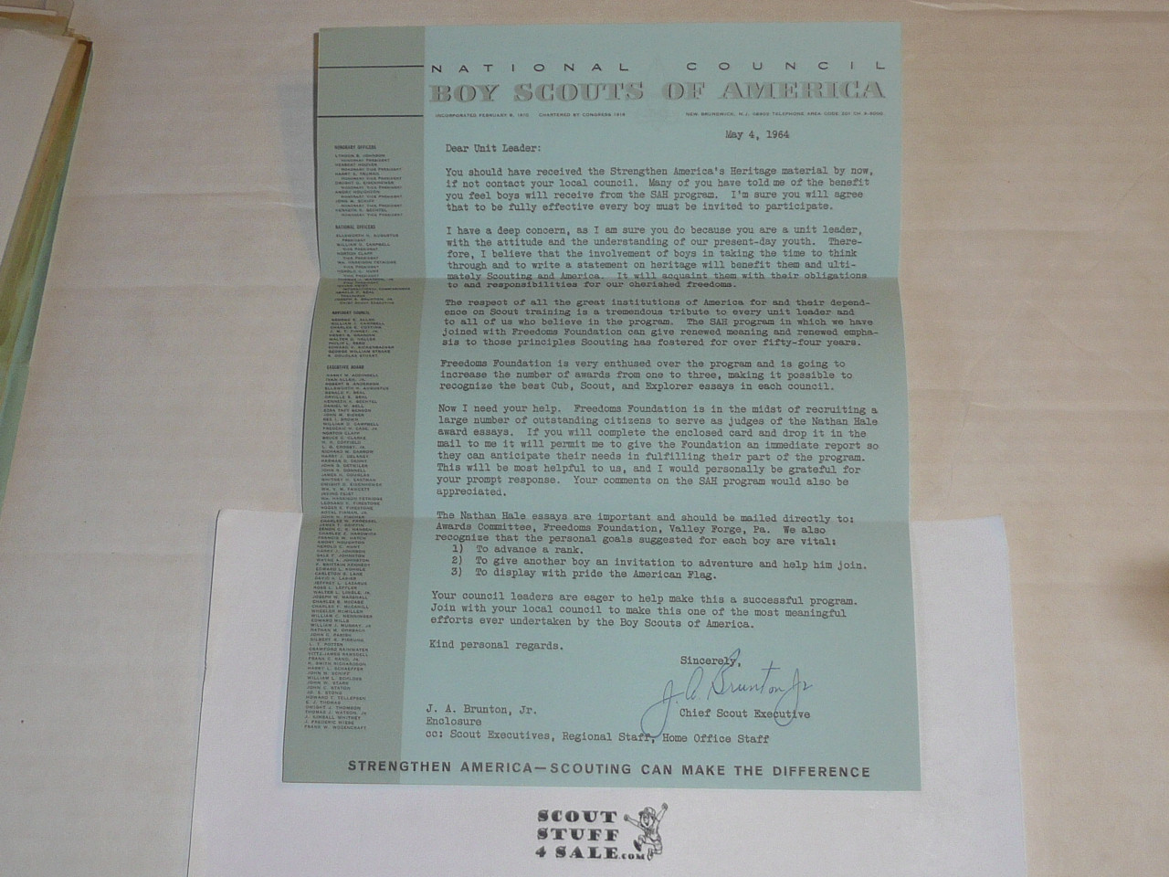 1964 Letter on Boy Scout National Headquarters Stationary from Joseph Brunton with envelope