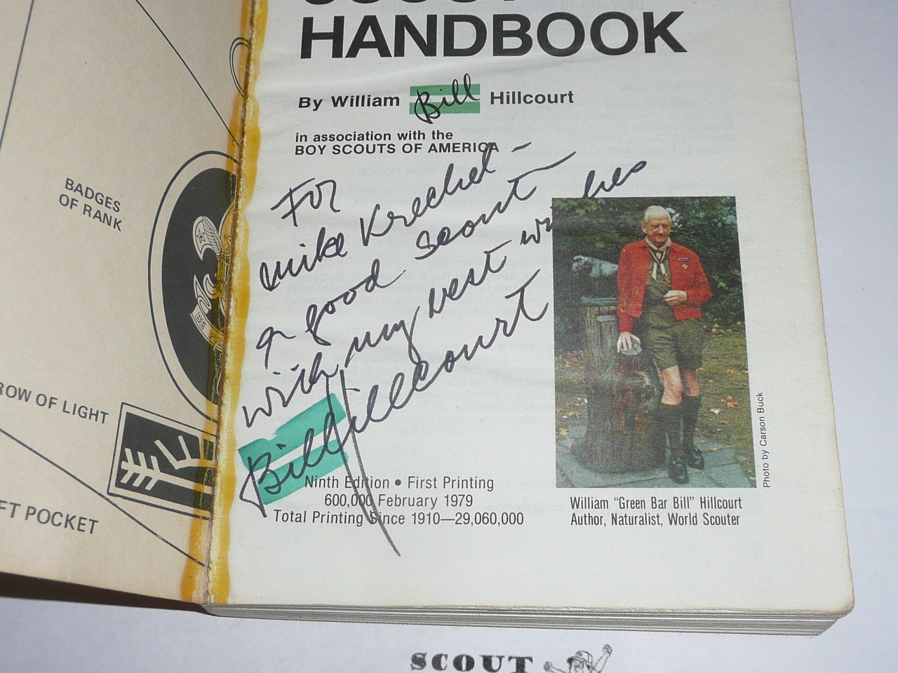 1979 Boy Scout Handbook, Ninth Edition, First Printing,Signed and inscribed by William Hillcourt aka Green Bar Bill, Lite wear, Last Norman Rockwell Cover