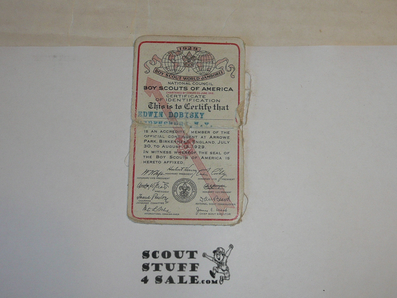 1929 World Jamboree USA Contingent Identification Card