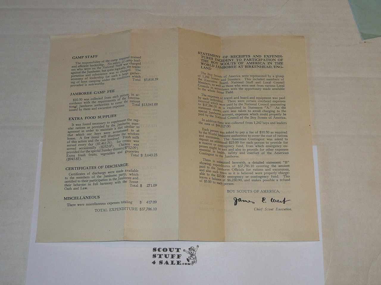 1929 World Jamboree, USA Contingent Letter from James West on National BSA Letterhead reporting Financial Resuls of the Contingent WITH the official Financial Statement