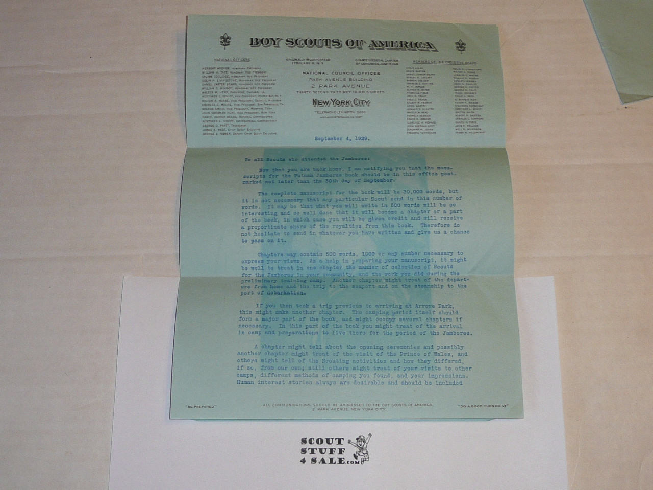 1929 World Jamboree, USA Contingent Letter from E.S. Martin on National BSA Letterhead about the Jamboree Book, with envelope