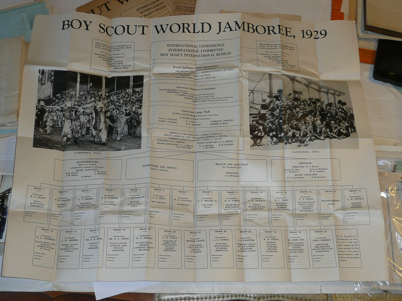 1929 World Jamboree, Folded Organization Chart Poster of the USA Contingent Organization, 28" L x 22" H