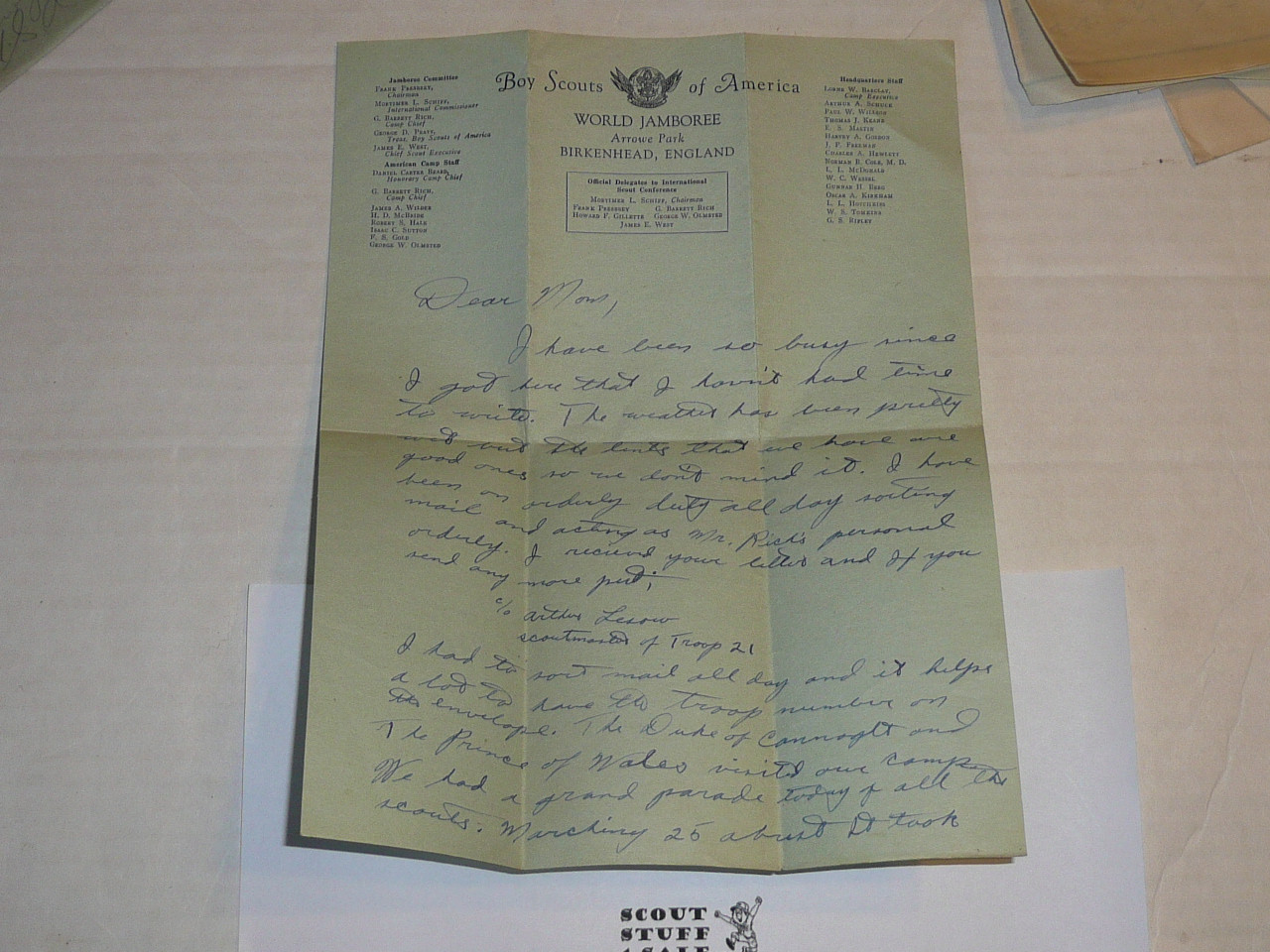 1929 World Jamboree, Letter Home from USA/BSA Contingent Member on Contingent Stationary