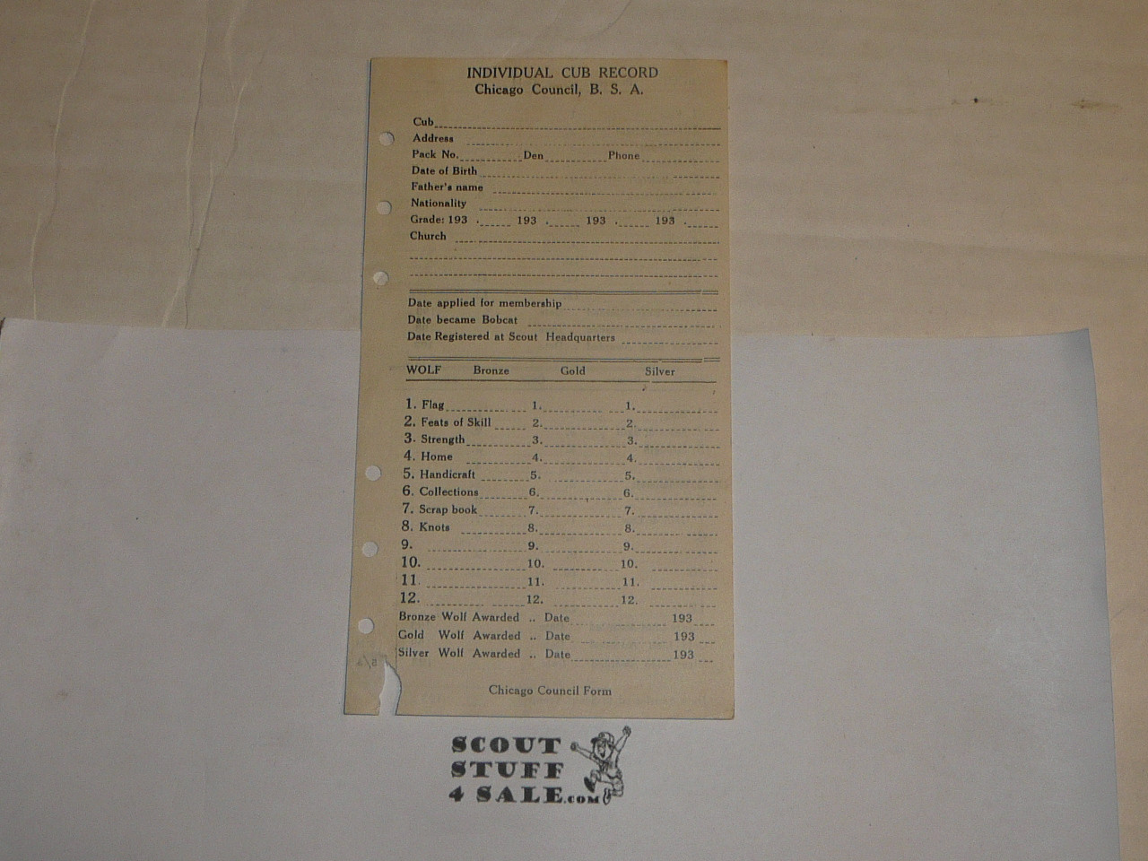 Lefax Boy Scout Fieldbook Insert, Individual Cub Record, Chicago Council