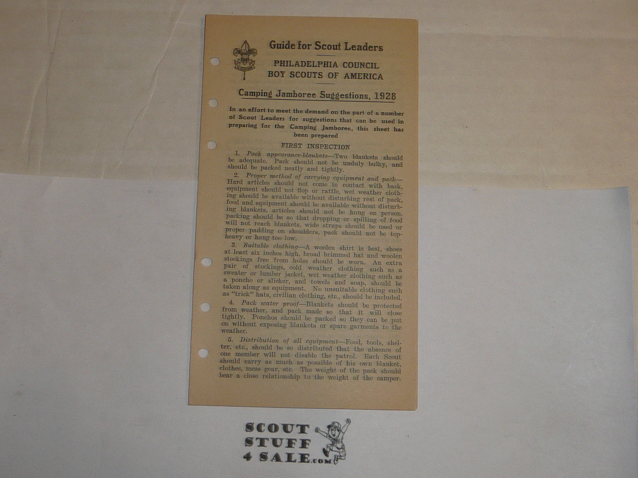 Lefax Boy Scout Fieldbook Insert, 1928 Camping Jamboree Suggestions, Philadelphia Council