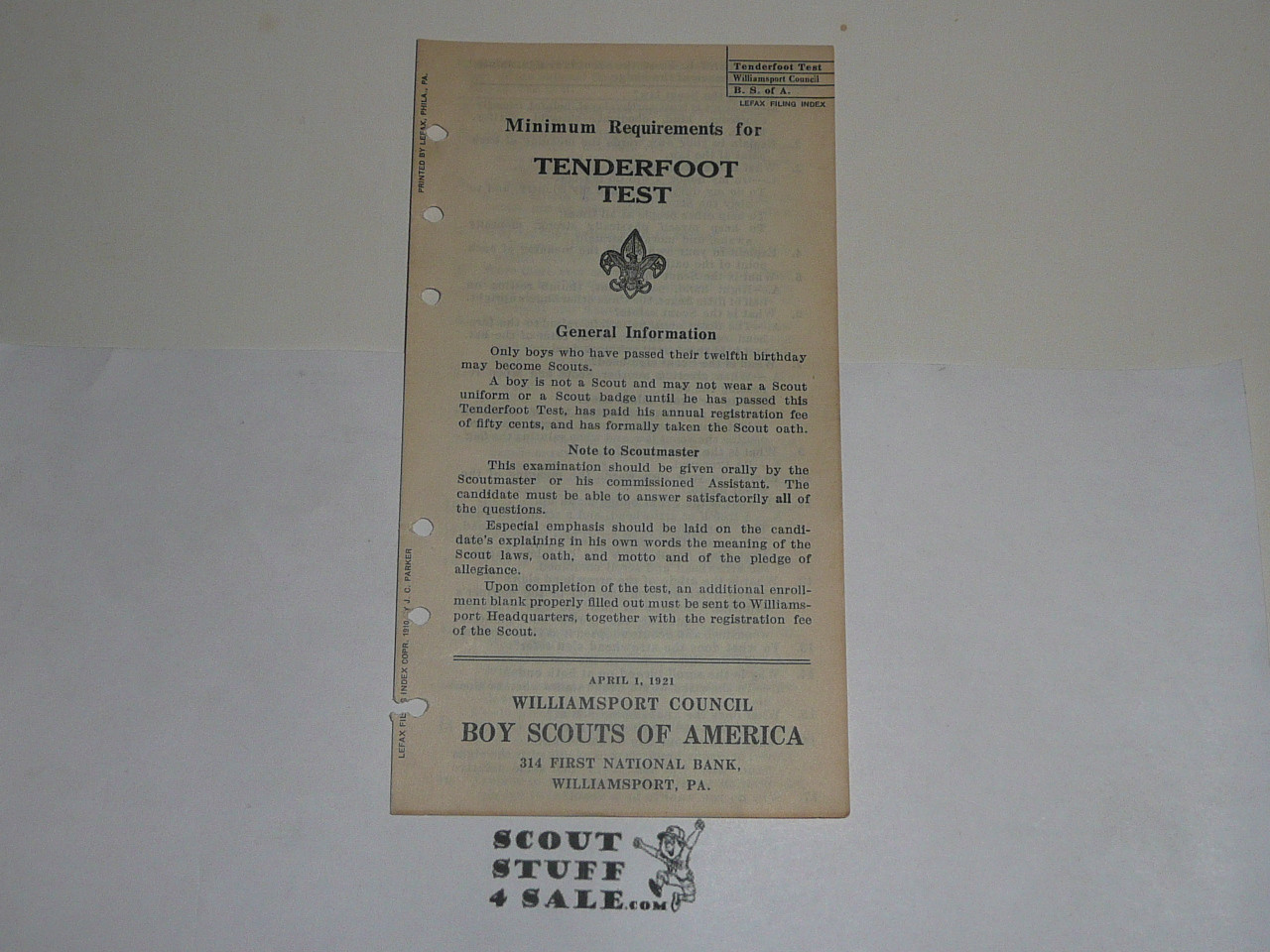 Lefax Boy Scout Fieldbook Insert, Minimum Requirements for Tenderfoot Test, 1921 Williamsport Council