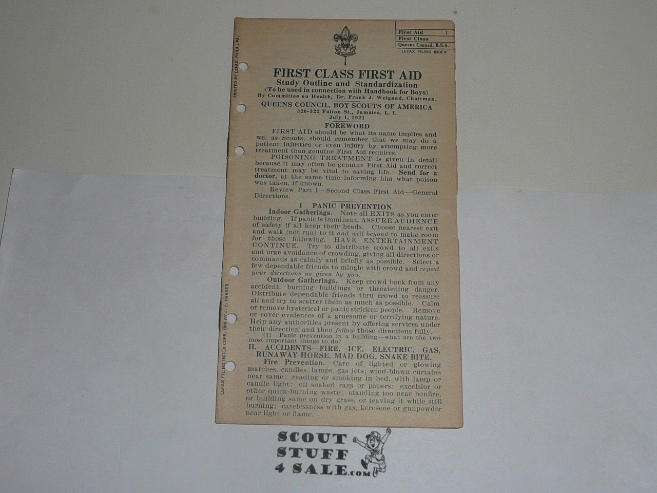 Lefax Boy Scout Fieldbook Insert, First Class First Aid, 1921 Williamsport Council