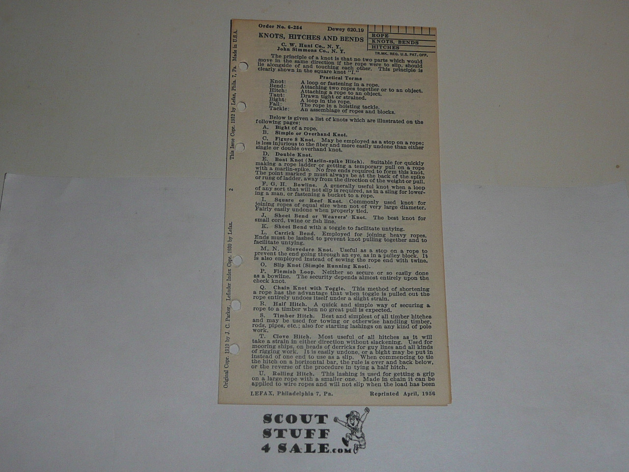 Lefax Boy Scout Fieldbook Insert, Knots Hitches and Bends, 1956