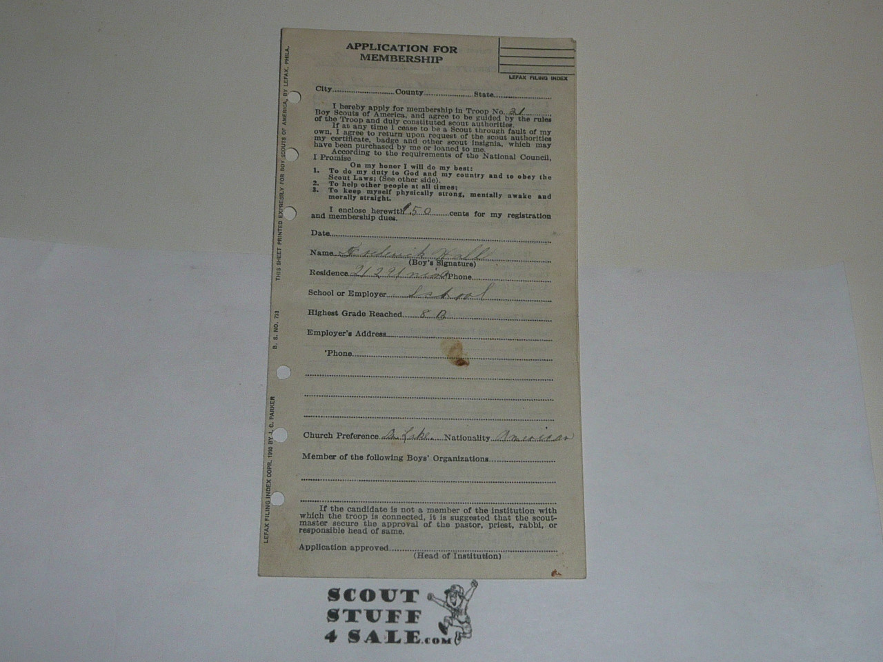 Lefax Boy Scout Fieldbook Insert, Boy Scout Application for Membership, 1922, BS733