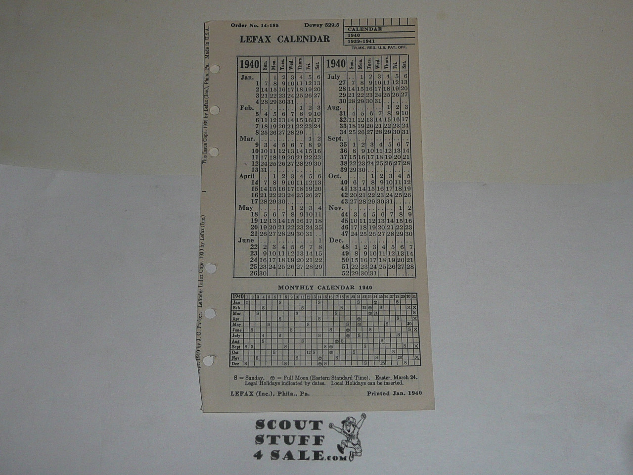 Lefax Boy Scout Fieldbook Insert, 1940 Calendar