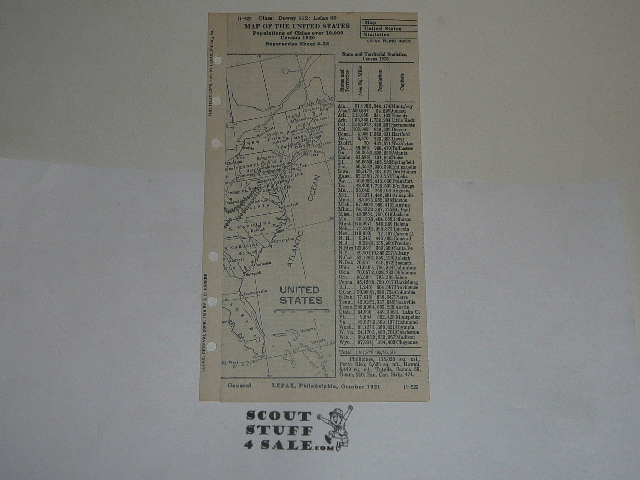 Lefax Boy Scout Fieldbook Insert, Map of the United States, 1921