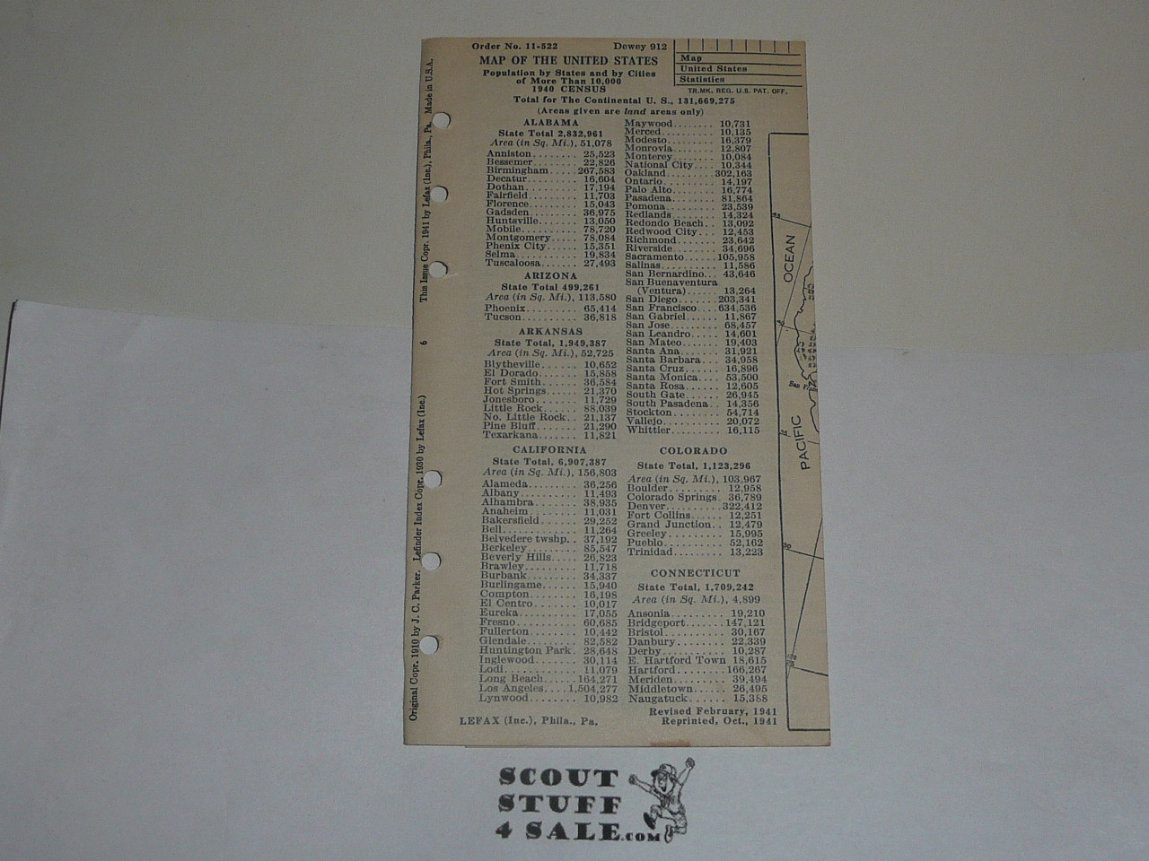 Lefax Boy Scout Fieldbook Insert, Map of the United States, 1941