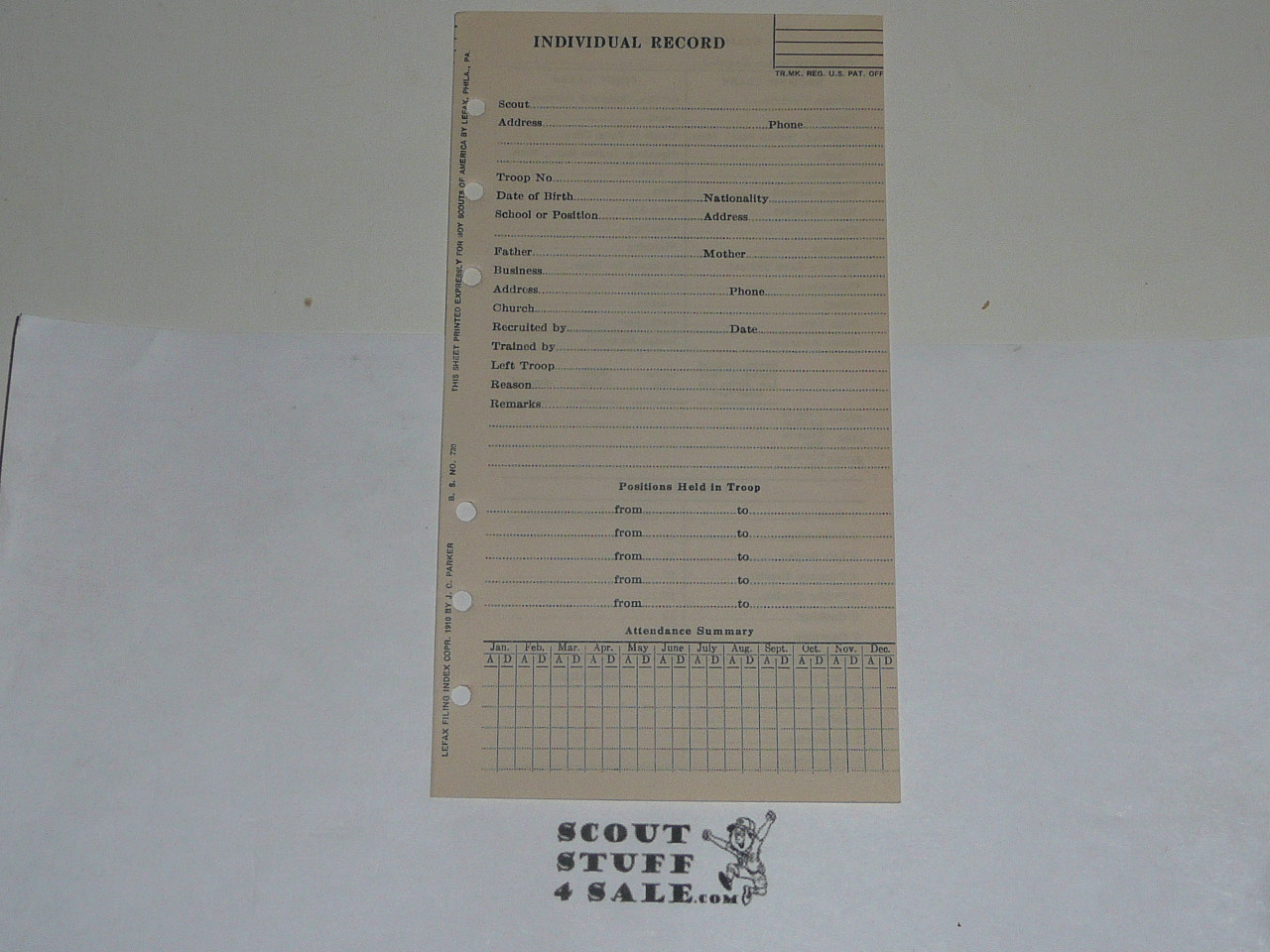 Lefax Boy Scout Fieldbook Insert, Individual Record, BS730 version 2