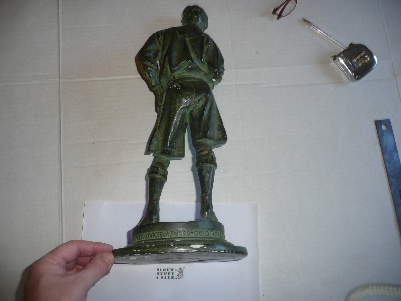 Mckenzie plaster statue from the teens, very minor chips, verde finish, 16.5 tall 7 wide