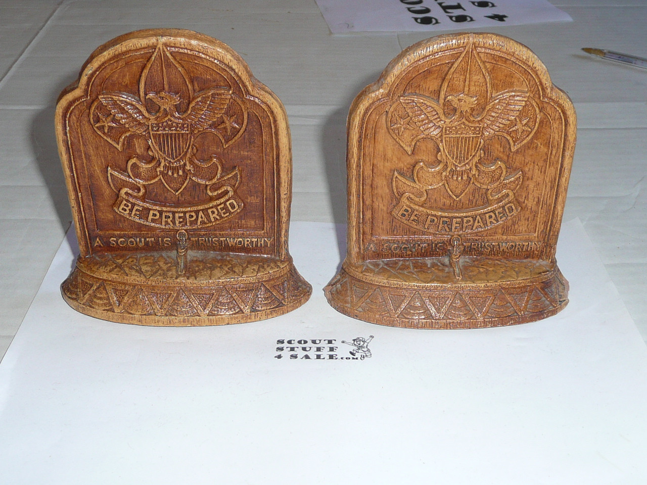 boy scout sorrocco pressed wood book ends, 4 wide by 5.25 tall