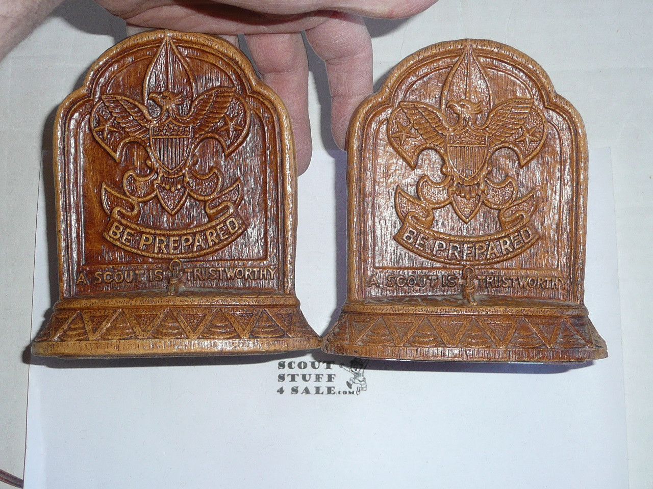 boy scout sorrocco pressed wood book ends, 4 wide by 5.25 tall