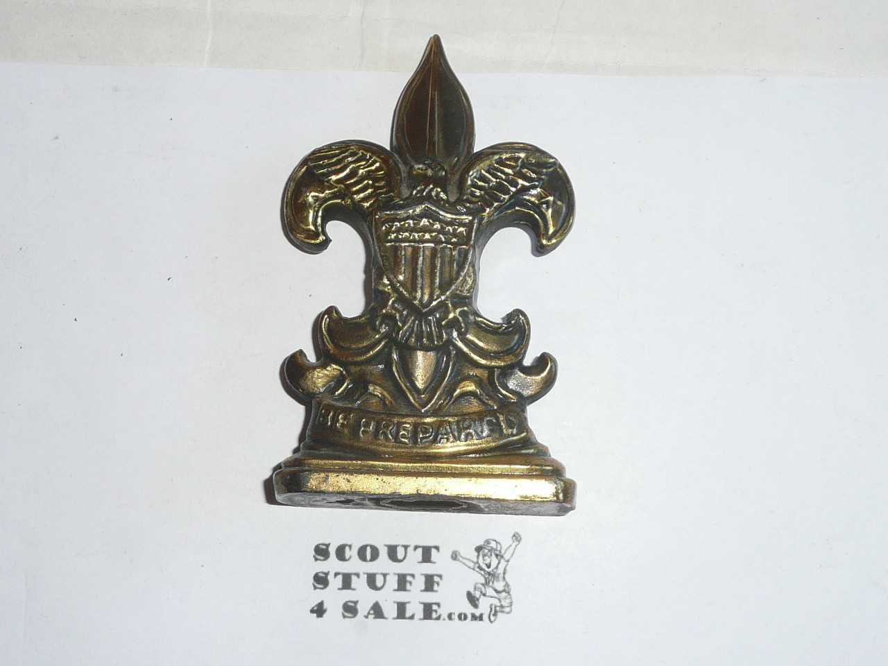 boy scout emblem metall paper weight, Brass, 1950s, 4 in. high by 2 5 in wide