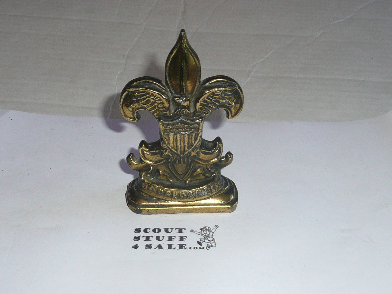 boy scout emblem metall paper weight, Brass, 1950s, 4 in. high by 2 5 in wide