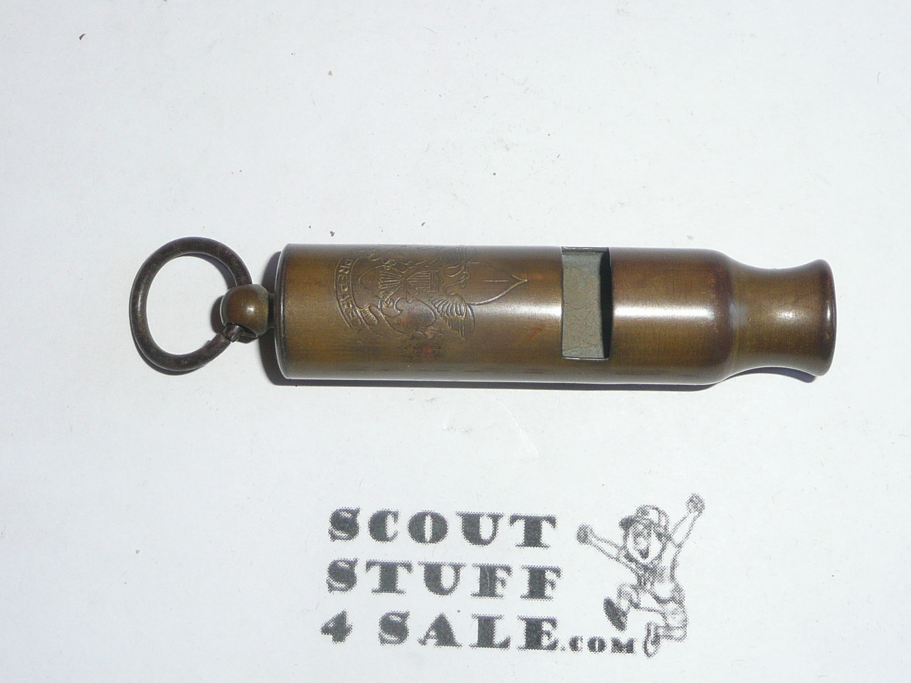 tubular boy scout whistle, teen-20s, with stamped boy scout emblem and the boys scouts of america, brass, VERY OLD