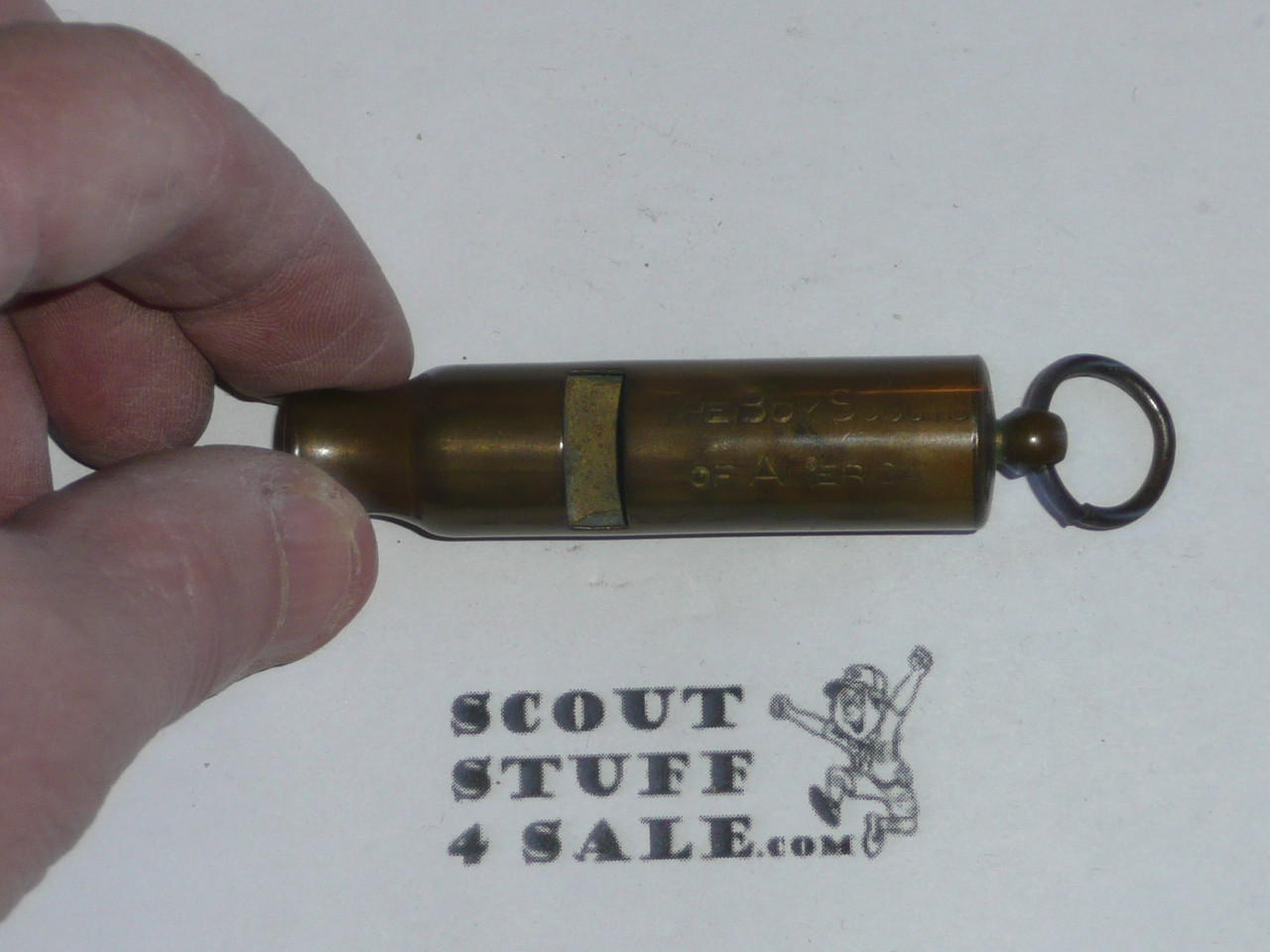 tubular boy scout whistle, teen-20s, with stamped boy scout emblem and the boys scouts of america, brass, VERY OLD