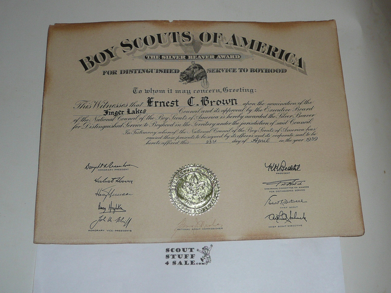 1959 Silver Beaver Certificate, Presented