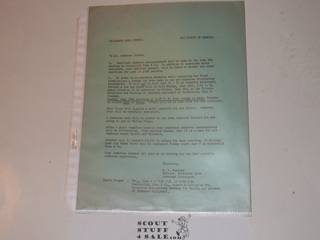 1950 National Jamboree Paperwork Packet from Balimore Area Council to Contingent member