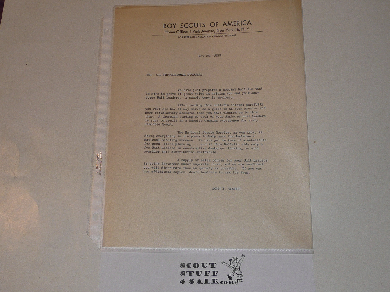 1950 National Jamboree Memo for Delivery of Jamboree Guide