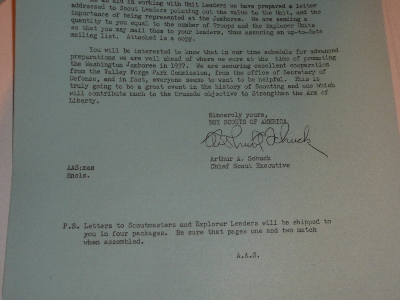 1950 National Jamboree Lengthy Memo from Arthur Schuck on National Stationary to Scout Executives regarding Jamboree Issues