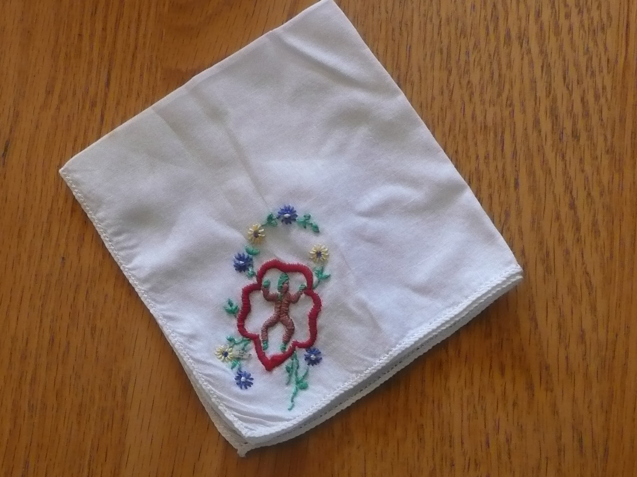 1940s Brownie Girl Scout White Embroidered Hankerchief