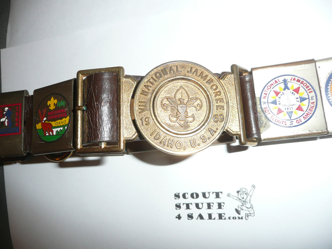 1969 National Jamboree Official leather Belt with Bronze Buckle and the complete NJ and Region belt loop sets, used