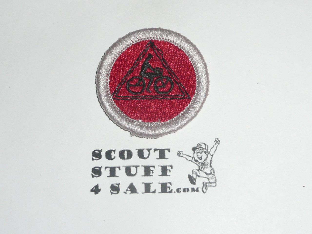 Cycling (Triangle with bike) (Silver bdr) - Type K - Fully Embroidered Merit Badge with 100th Anniv backing (2010)