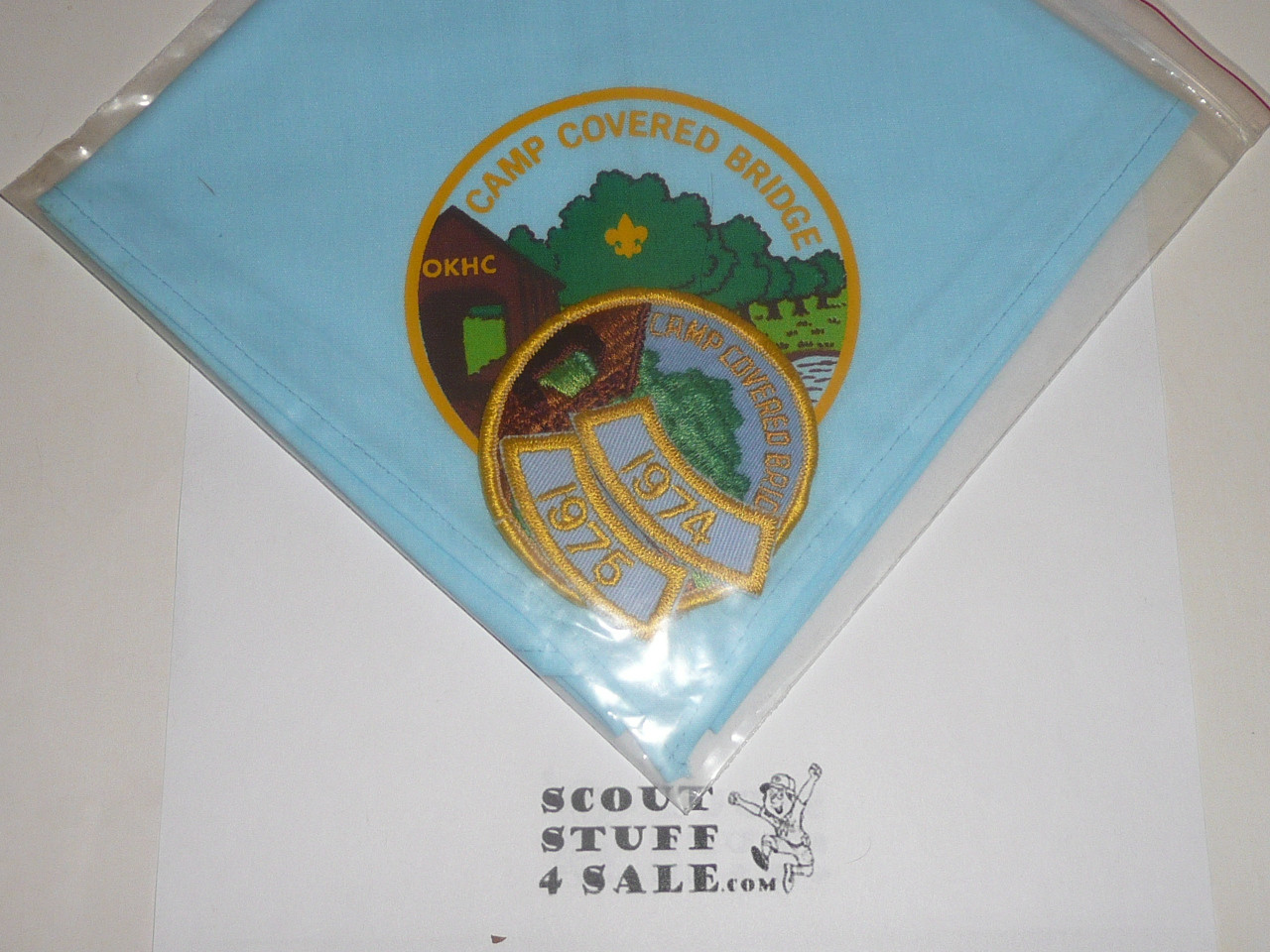 Camp Covered Bridge Neckerchief and Camp Patches, Old Kentucky Home Council, 1974 & 75