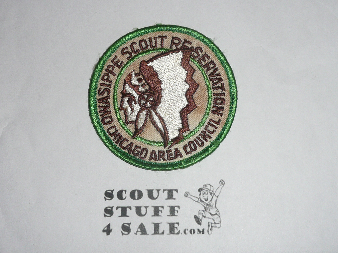 Owasippe Scout Reservation Patch, Chicago Area Council, wht twill and green bdr, soiled