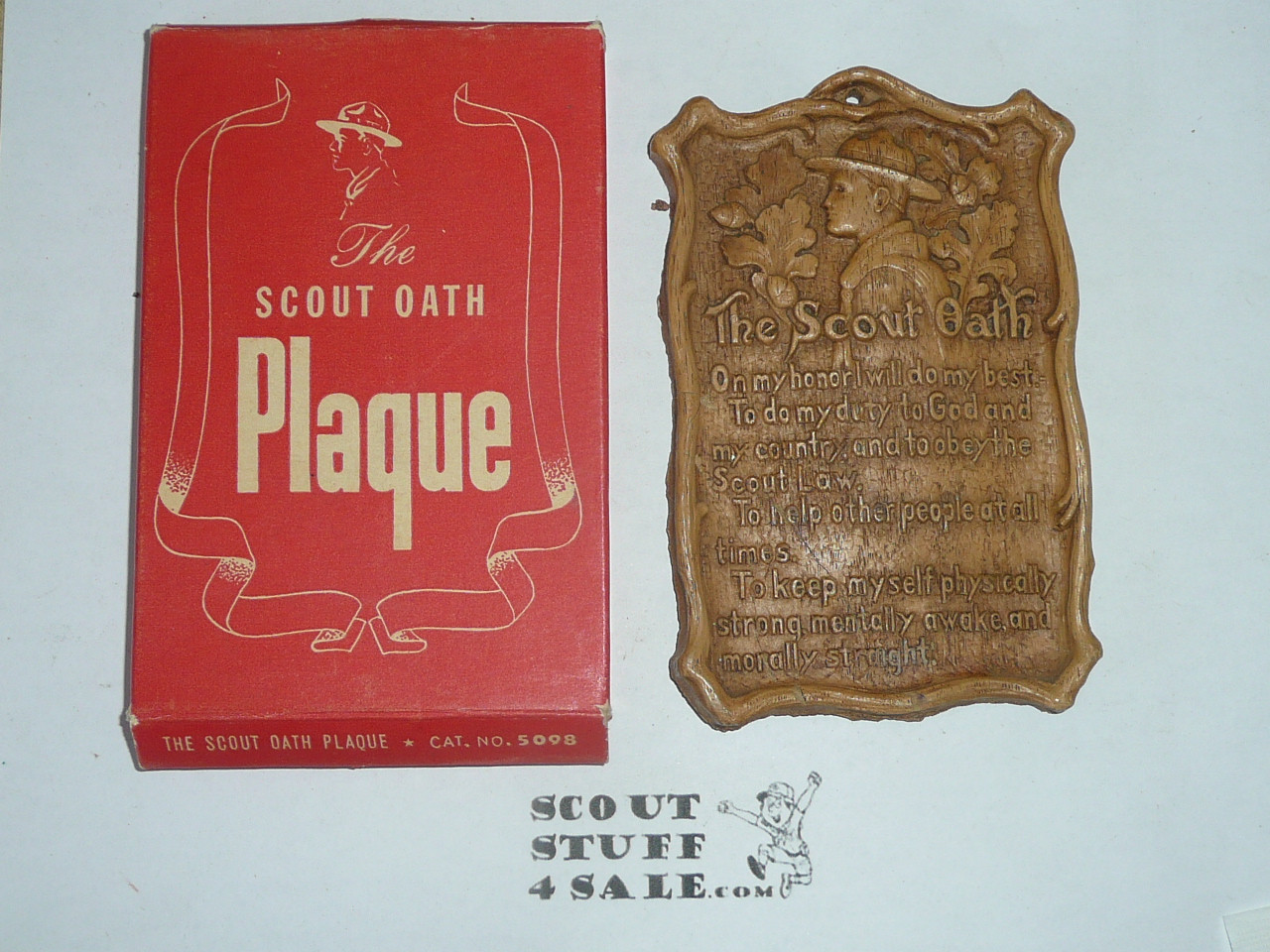 1960's Boy Scout Pressed Wood Syroco "The Scout Oath" Wall Ornament, New in Box