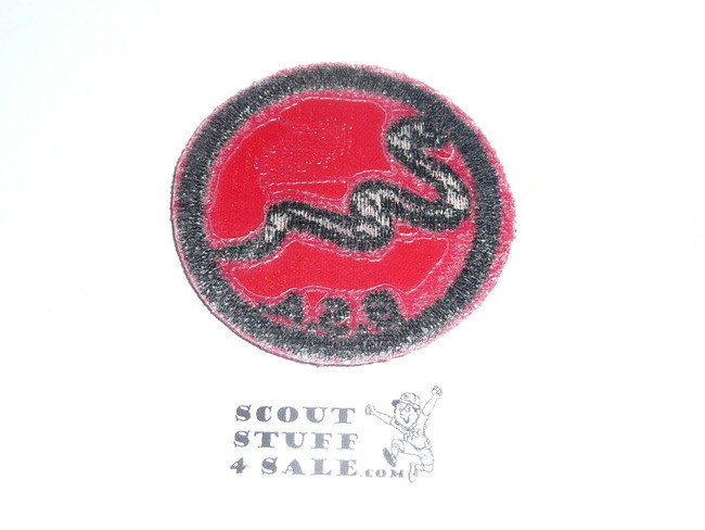 Rattlesnake Patrol Medallion, Red Twill with red rubber back, 1955-1971, lite use